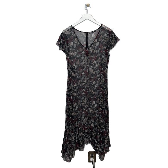 Gypsy 05 Women M Black Cream Red Floral Midi Dress Sheer Flutter Sleeve Hanky - Picture 1 of 10